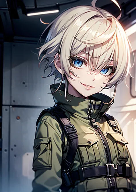 (( best quality, masterpiece, )) white hair, crimson eyes, pale skin, short hair, tomboy, smile, albino, military uniform, kevlar vest, small breasts