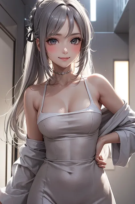 Best Quality,High resolution,8k,finelity detailed background,Masterpiece:1.2),beautiful girl,Glossy romance gray hair,pony tail,Gray eyes,Gentle look,A refreshing look,smile,Best quality,Best Quality,Aesthetic and aesthetic:1.2,Best details((Super detailed...