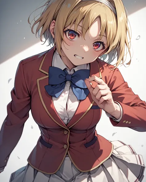 score_9, score_8_up, score_7_up,
kushida kikyou,1girl, solo, red eyes,short hair, blonde hair,white hairband,hair intakes,school uniform,white shirt, bowtie, blue bow,blazer,skirt, red jacket,