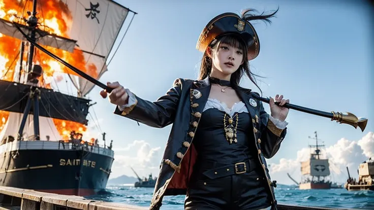 pirate戦争, dramatic, one girl, bangs, black hair, pirate, pirate hat, deck, coat,eye patch, fierce naval battle, brawl, pirateの旗,...