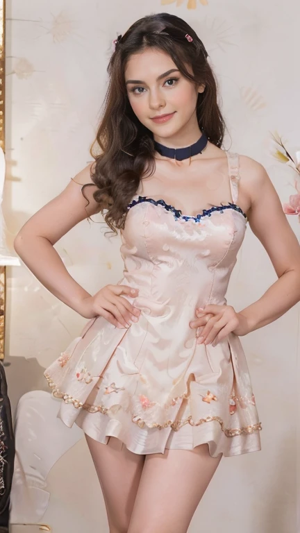 Beautiful, cute baby Face, 17 Years old russian lolita Girl, blue eyes, high ponytail hair, black hair, hair ornaments, wearing sexy pink mini kebaya dress, micro skirt, Rounded medium Breast, cleavage cutout, slightly Chubby , luxury necklace, White Skin,...