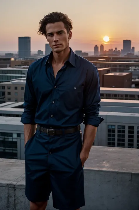 raw photo, medium shot of levi man_Conely posing on an urban rooftop with a rough face, industrial feel, against a backdrop of a cityscape at sunset in a tight dress, Photo of deep navy blue button down shirt taken by Bruce Weber, , us flattering