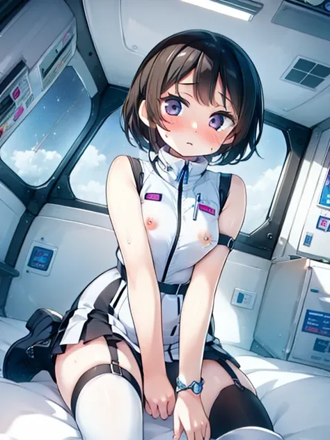 (Highest quality), (masterpiece), 1080P, High resolution, 4K, 8k, Inside the space station、Futuristic room、Thigh straps, Shooting from directly below, The woman on top of me, Nipples, 白いSweat, Covered , Sweat, Woman looking down, Skirt swimsuit, Thigh-high...