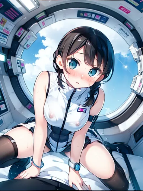 (Highest quality), (masterpiece), 1080P, High resolution, 4K, 8k, Inside the space station、Futuristic room、Thigh straps, Shooting from directly below, The woman on top of me, Nipples, 白いSweat, Covered , Sweat, Woman looking down, Skirt swimsuit, Thigh-high...