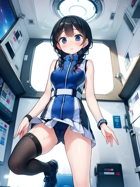 (Highest quality), (masterpiece), 1080P, High resolution, 4K, 8k, Inside the space station、Futuristic room、Thigh straps, Shooting from directly below, The woman on top of me, Nipples, 白いSweat, Covered , Sweat, Woman looking down, Skirt swimsuit, Thigh-high...