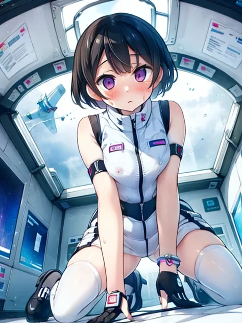 (Highest quality), (masterpiece), 1080P, High resolution, 4K, 8k, Inside the space station、Futuristic room、Thigh straps, Shooting from directly below, The woman on top of me, Nipples, 白いSweat, Covered , Sweat, Woman looking down, Skirt swimsuit, Thigh-high...