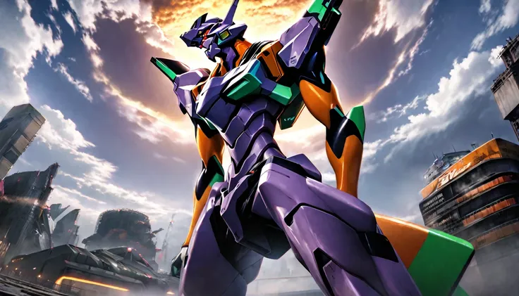 (((eva 01))), evagenlion,  giant robot,  accurate eva 01 head details, high-tech, huge android, (outdoors, sky, clouds), global ...