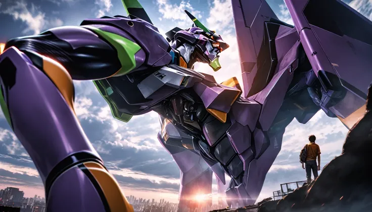 (((eva 01))), evagenlion,  giant robot,  accurate eva 01 head details, high-tech, huge android, (outdoors, sky, clouds), global ...