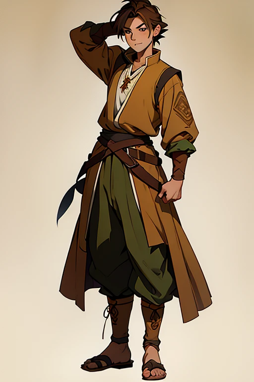 20-year-old boy with brown hair wearing medieval peasant style clothes using earthbending from the Avatar cartoon: A Lenda de Aang