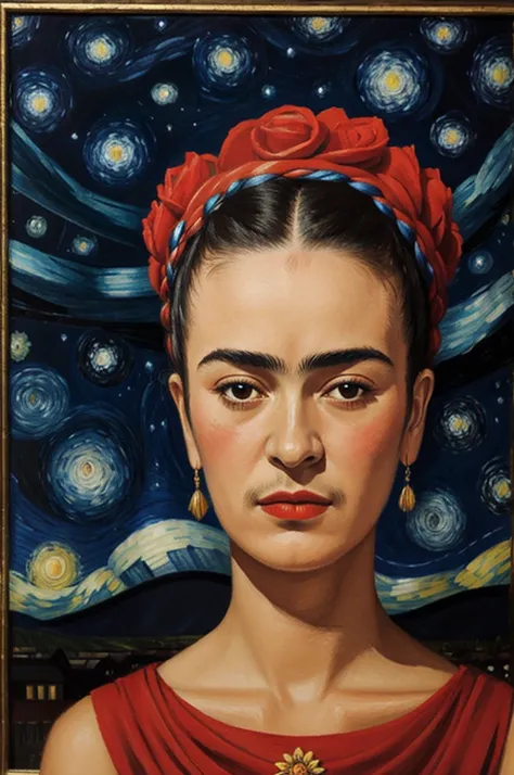 Frida khalo with the starry night in the background 