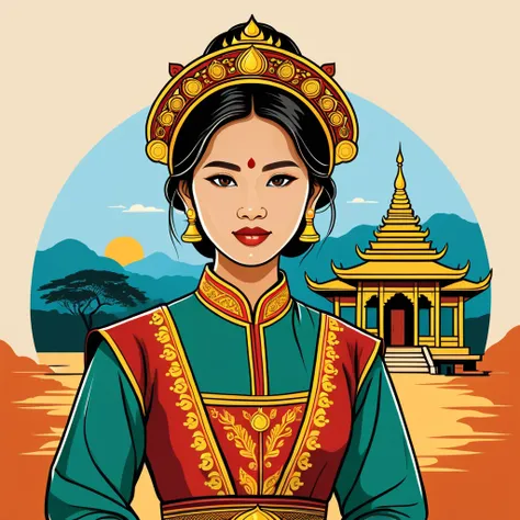 woman in myanmar folk outfit, vector graphics, strong contours, logo design
