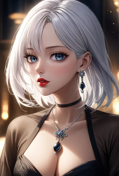 A beautiful young woman, 1girl, hourglass figure, seductive pose, wearing jujutsu kaisen dress, silky blunt white hair, heavy silver jhumka earrings, necklace ,cleavage, detailed face with stunning eyes, full lips, flawless makeup, dark cinematic lighting,...