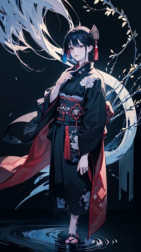 A man, wearing plain black kimono, BRAEK, ((put on a Haori with a painted river and willows:1.5)), ((standing full body shot:1.4)), geta shoes, ink painting style, (best quality,4k,8k,highres,masterpiece:1.2),ultra-detailed,(realistic,photorealistic,photo-...