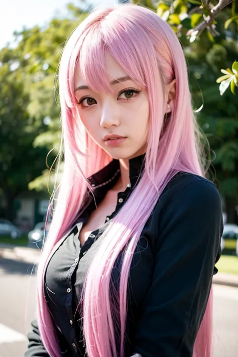 a woman with pink hair wearing a white 
plaid shirt, anime girl in real life, long pink hair, long light pink hair, ulzzang, female anime character, beautiful female android!, beautiful female android, pastel light pink very long hair, realistic young anim...