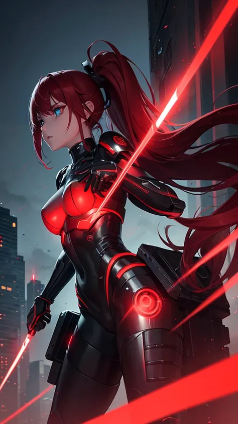 view from below angle from below camera shoots from below cyborg warrior girl in an attacking pose View from below, angle from below, flat horizon photo, Girl android , she has long red hair, hair tied up in a ponytail, she has a mask on her face, a respir...