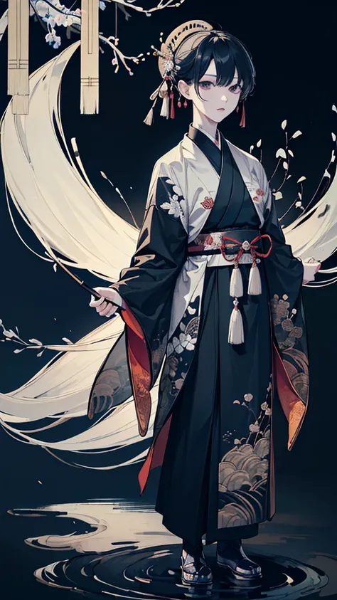 A man, wearing plain black kimono, BRAEK, ((Haori with a painted river and willows:1.5)), ((standing full body shot:1.4)), geta shoes, ink painting style, (best quality,4k,8k,highres,masterpiece:1.2),ultra-detailed,(realistic,photorealistic,photo-realistic...