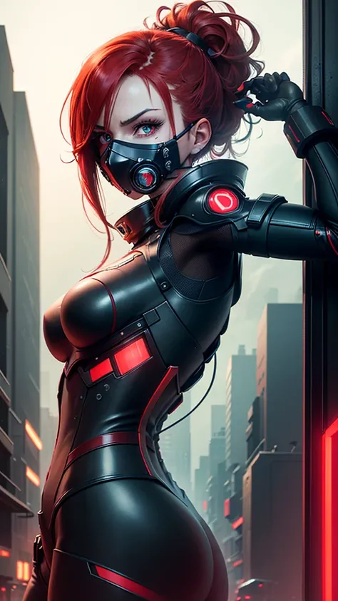 view from below angle from below camera shoots from below cyborg warrior girl in an attacking pose View from below, angle from below, flat horizon photo, Girl android , she has long red hair, hair tied up in a ponytail, she has a mask on her face, a respir...