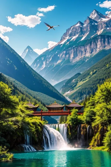 beautiful mountain, tall mountain with waterfall flowing into lake, Chinese cranes flying in the sky