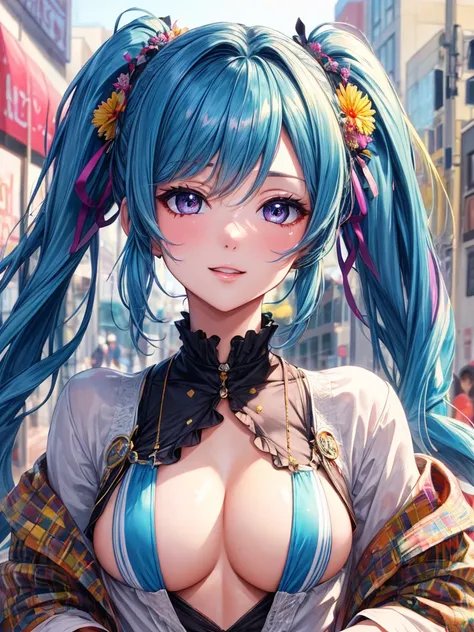 (masterpiece), best quality, high quality, 8k, wallpaper, DLSR, (ultra-detailed:0.4), (perfect face), best quality, perfect face, detailed shiny_eyes, baggy colorful clothes, clevage,colorful hair, tong showing, modern street, Frieren, twintails, FrierenBa...