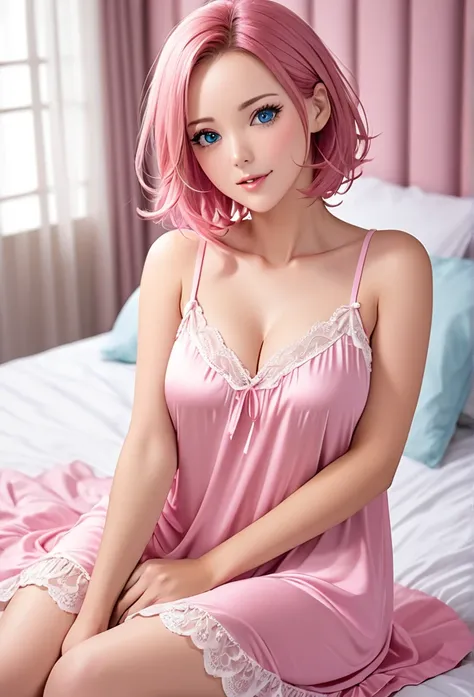 woman, pink hair, short hair, open forehead, no bangs, blue eyes, big breasts, pink nightgown, beautiful nightgown 