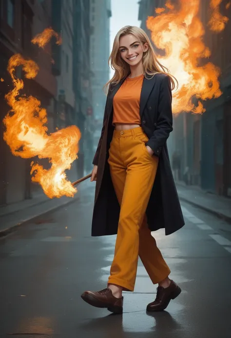 cool badass girl with blonde long middle hair, blue eyes, orange shirt, black blazer, dark yellow pants, brown shoes, cool smile with fire, no background