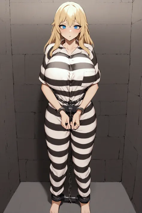 huge breasts, prisoner, girl in prison, imprisonmentされた, imprisonment, black and white prison jumpsuit, handcuffed,hands in fron...