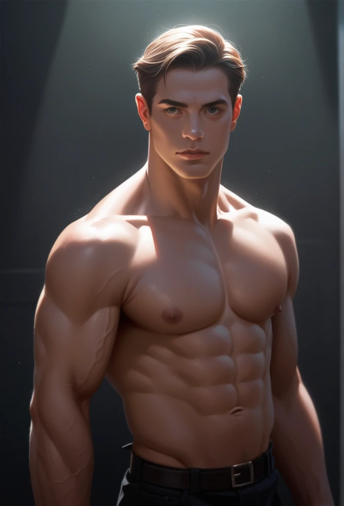 Muscular male nude,Very detailed男性の解剖学,Dramatic lighting,Chiaroscuro,Structure of the film,Realistic,Highest quality,8k,High resolution,Very detailed,Sharp focus,Physically Based Rendering,Professional,Vibrant colors