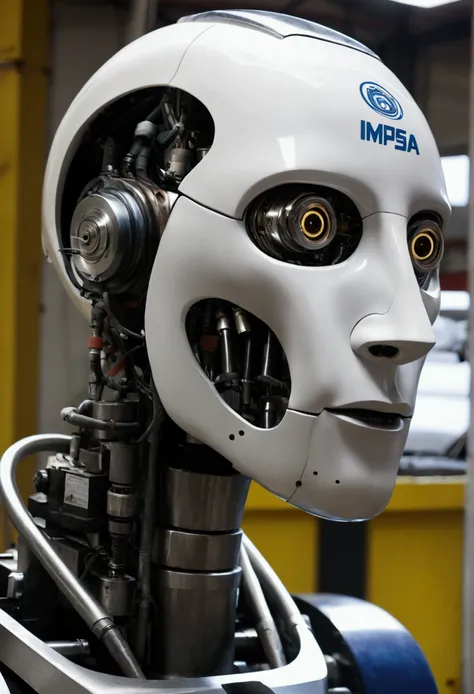 Robot that has a human face and skin on its face with a big nose, with logo that says IMPSA, working on a lathe