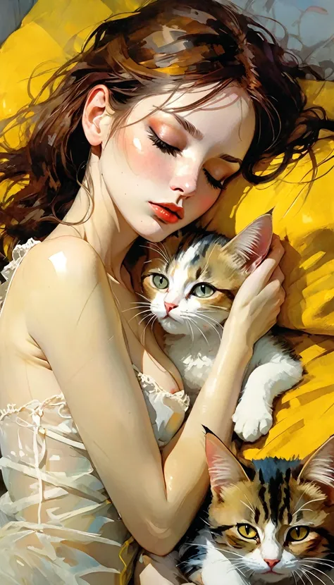 a sexy girl lying with a cat and a yellow blanket on her lap, 1 girl, sleeping, brown hair, eyes closed, pillow, lying down, blushing, hair ornament, alone, sideways, sexy transparent nightgown, sex sex sex( best quality, masterpiece, ultra detailed, illus...