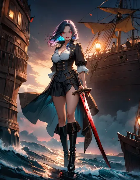 a portrait of a woman vampire pirate holding a (( bloody sword: 1.5)) on a pirate ship ready for battle, ((full body: 1.5)), ((anatomically correct: 1.5)), (ultra detailed face: 1.2), looking tense, looking dangerous,  dynamic eye color, glowing eyes, dyna...