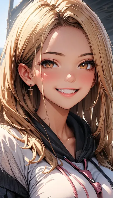 (Highest quality、masterpiece、High resolution、detailed), (Realistic skin texture:1.3), (detailedな目、Beautiful Face), 1 female,  Delicate face, cute, One Girl, alone,  Wicked Smile,hoodie, Pleated skirt, ＪＫ,Large Breasts、Attractive breasts Ultra HD, masterpie...