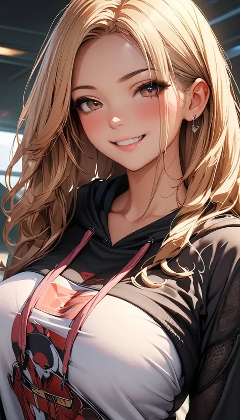 (Highest quality、masterpiece、High resolution、detailed), (Realistic skin texture:1.3), (detailedな目、Beautiful Face), 1 female,  Delicate face, cute, One Girl, alone,  Wicked Smile,hoodie, Pleated skirt, ＪＫ,Large Breasts、Attractive breasts Ultra HD, masterpie...