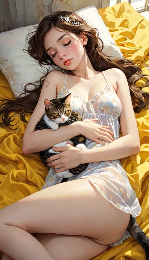 a sexy girl lying with a cat and a yellow blanket on her lap, 1 girl, sleeping, brown hair, eyes closed, pillow, lying down, blushing, hair ornament, alone, sideways, sexy transparent nightgown, sex sex sex( best quality, masterpiece, ultra detailed, illus...