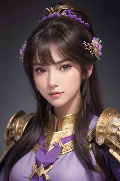 Close-up of a woman in armor and purple cape, ponytail,With bangs,Large Breasts,Highly detailed face and skin texture,Three Kingdoms,Xianxia Hero, Chinese Warrior,Perfect beauty: 1.4, fine grain,double eyelid, Whitening skin,Highest quality,Ultra-high reso...