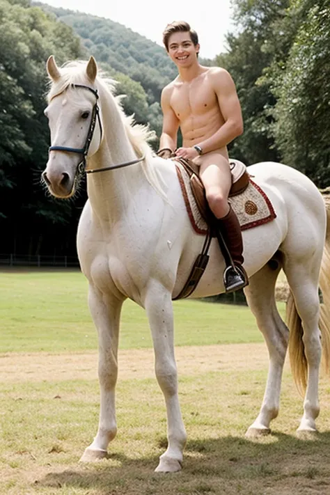 2 Young cute handsome white skinny beautiful face shirtless naked with a white horse