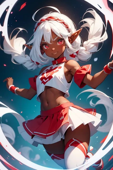 gorgeous gnome girl, pointy ears, shoulder length white hair, intricate braids, vibrant red eyes, dark skin, athletic, athletic, tomboy, cute and adorable, kawaii, muscled abdomen, muscled biceps, happy expression, crop top, mini skirt, red and white cloth...