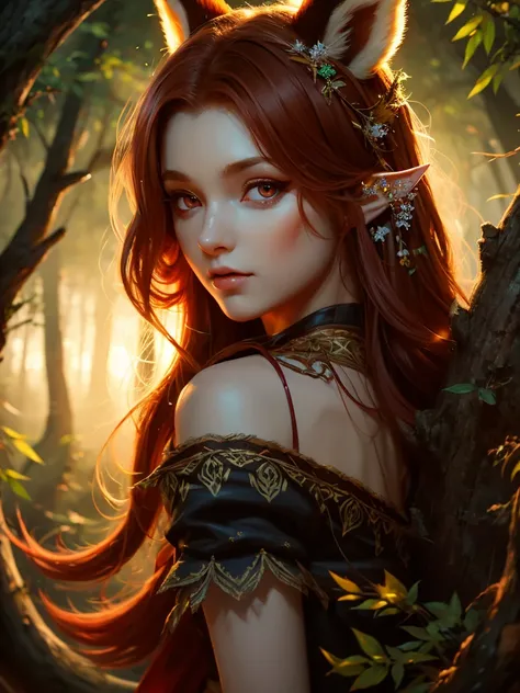 a redhead girl with long hair, wearing a beautiful elf dress, in a lush forest with dark colors, holding a red panda in her arms without panda ears, detailed face, beautiful detailed eyes, beautiful detailed lips, extremely detailed eyes and face, long eye...