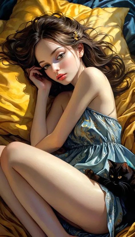 a sexy girl lying with a cat and a yellow blanket on her lap, 1 girl, sleeping, brown hair, eyes closed, pillow, lying down, blushing, hair ornament, alone, sideways, sexy transparent nightgown, sex sex sex( best quality, masterpiece, ultra detailed, illus...