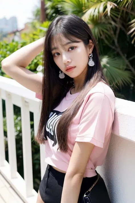 ((there is a woman with long hair on the balcony with a black shirt and pink shorts and an attractive pose,  KOREAN, Mulher sul-KOREAN bonita, jennie blackpink, mulher KOREAN jovem bonita, linda mulher KOREAN jovem, young lovely korean face, maquiagem sul-...