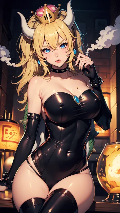 punctuation_9, punctuation_8_High above, punctuation_7_High above,punctuation_6_High above, punctuation_5_High above, punctuation_4_High above , breasts big, 1 girl, Bowsette, standing alone, hollow, hollow,smoke,cigar,Cigar in hand,smoke,makeHigh above, h...