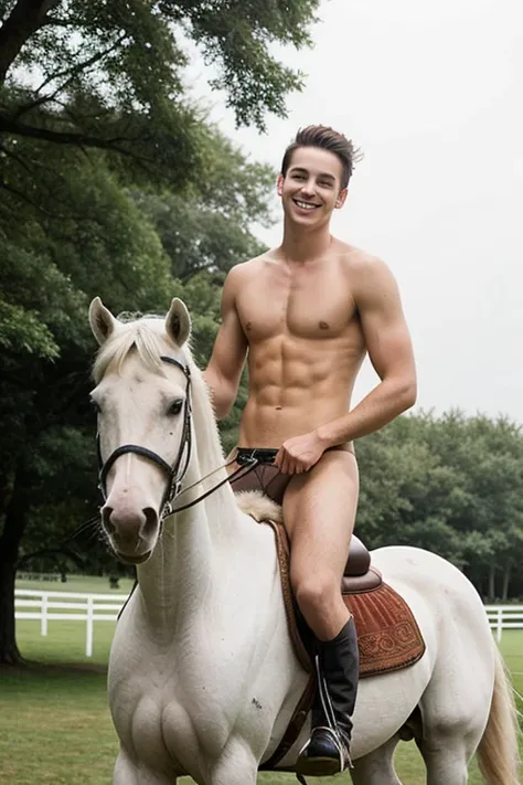 2 Young cute handsome white skinny beautiful face without shirt naked on top of a white horse nice butt