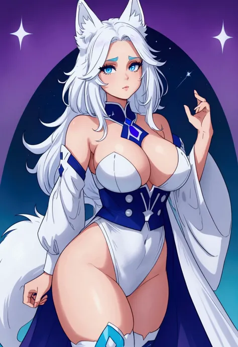 Defined female body, thick thighs, create the outfit that matches, short and long hair in white color, but with the color in blue and purple gradient at the ends, blue eyes. She has white fox ears and tail, but with blue color at the tips. Star mark on the...