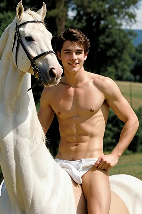  Young cute handsome white skinny beautiful face shirtless naked on top of a white horse cute man&#39;s rear 