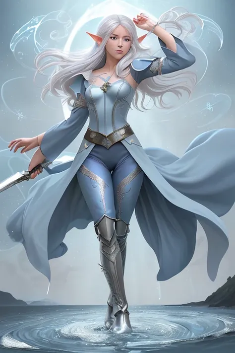 Professor Elowen Mistralight, a 25-year-old elf woman, medium height and delicate elf with silver hair, mysterious and penetrating light blue eyes, He wears a robe with patterns of wind and water, tight light blue fabric pants, long, with navy blue riding ...