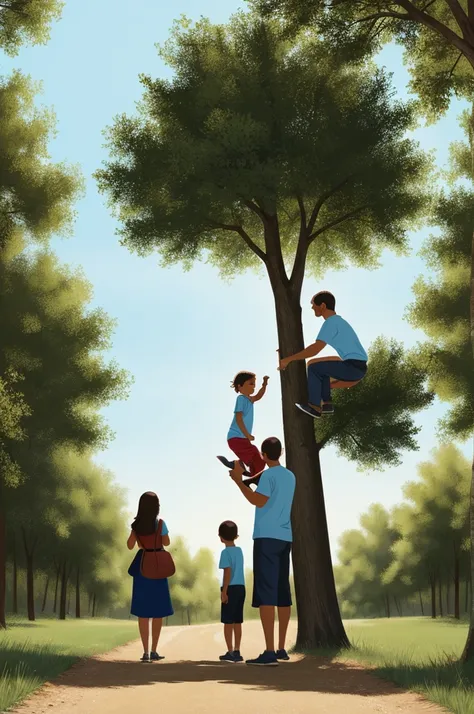 What I need is a vector A father with his children 2 girls and 2 boys heading to a tree Try to be simple and be a painting