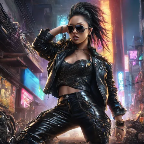 Heavy metal album cover female singer stage, post-apocalyptic city, insanely detailed real shiny skin, masterpiece body quality, black leather pants, real color, erotic and strong, black sunglasses, 8k resolution🔥, Miki Asai Macro photography, close-up, hy...