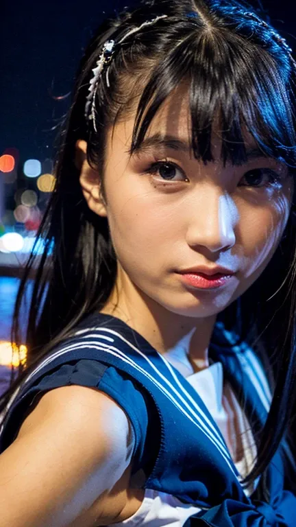 Masterpiece, best quality, ultra high res, realistic, (photorealistic:1.4), photography, rule of third, 1girl, blunt bangs, black hair, (the girl wearing black sailor uniform), (at the top of building:1.1), night, city light, cinematic lighting, 80s filter...