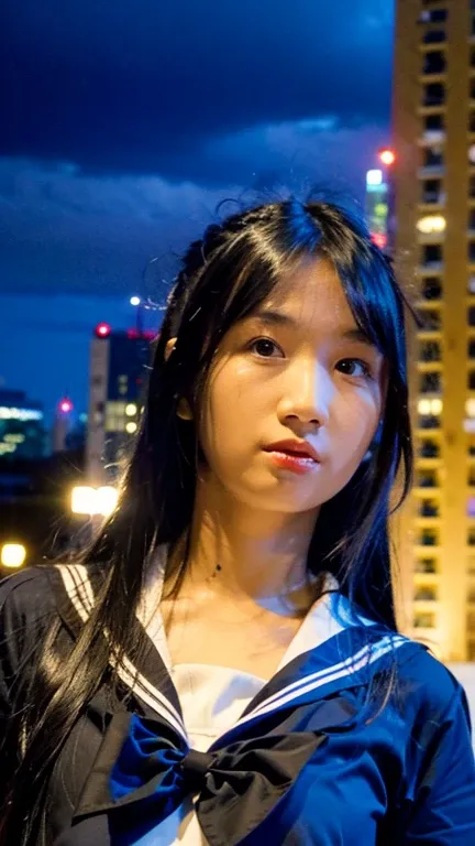 Masterpiece, best quality, ultra high res, realistic, (photorealistic:1.4), photography, rule of third, 1girl, blunt bangs, black hair, (the girl wearing black sailor uniform), (at the top of building:1.1), night, city light, cinematic lighting, 80s filter...