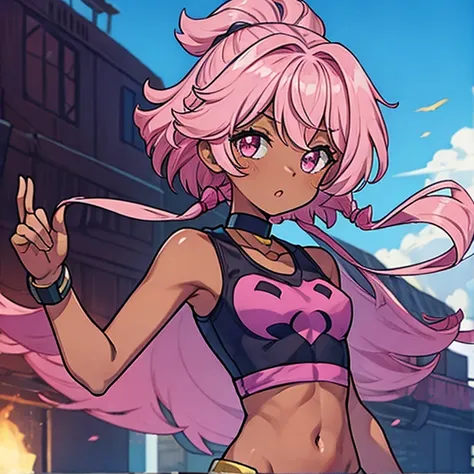 Dark skin, flat-chested, pink hair, crop top