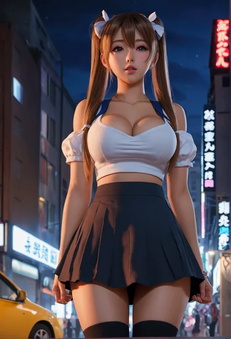 masterpiece, best quality, HuTaoV4, 1girl, solo, blush, twintails, long hair, thick, big ass, big hips, big breasts, hair between eyes, ((streetwear clothes)), city, outdoors, night, movie poster, extremely detailed 8K, smooth, high resolution, ultra quali...